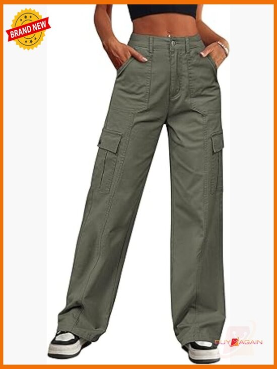 Pants - Wide Leg Baggy Cargo Jeans High Waisted Stretch Drawstring Ankle Cuff 6 Pockets